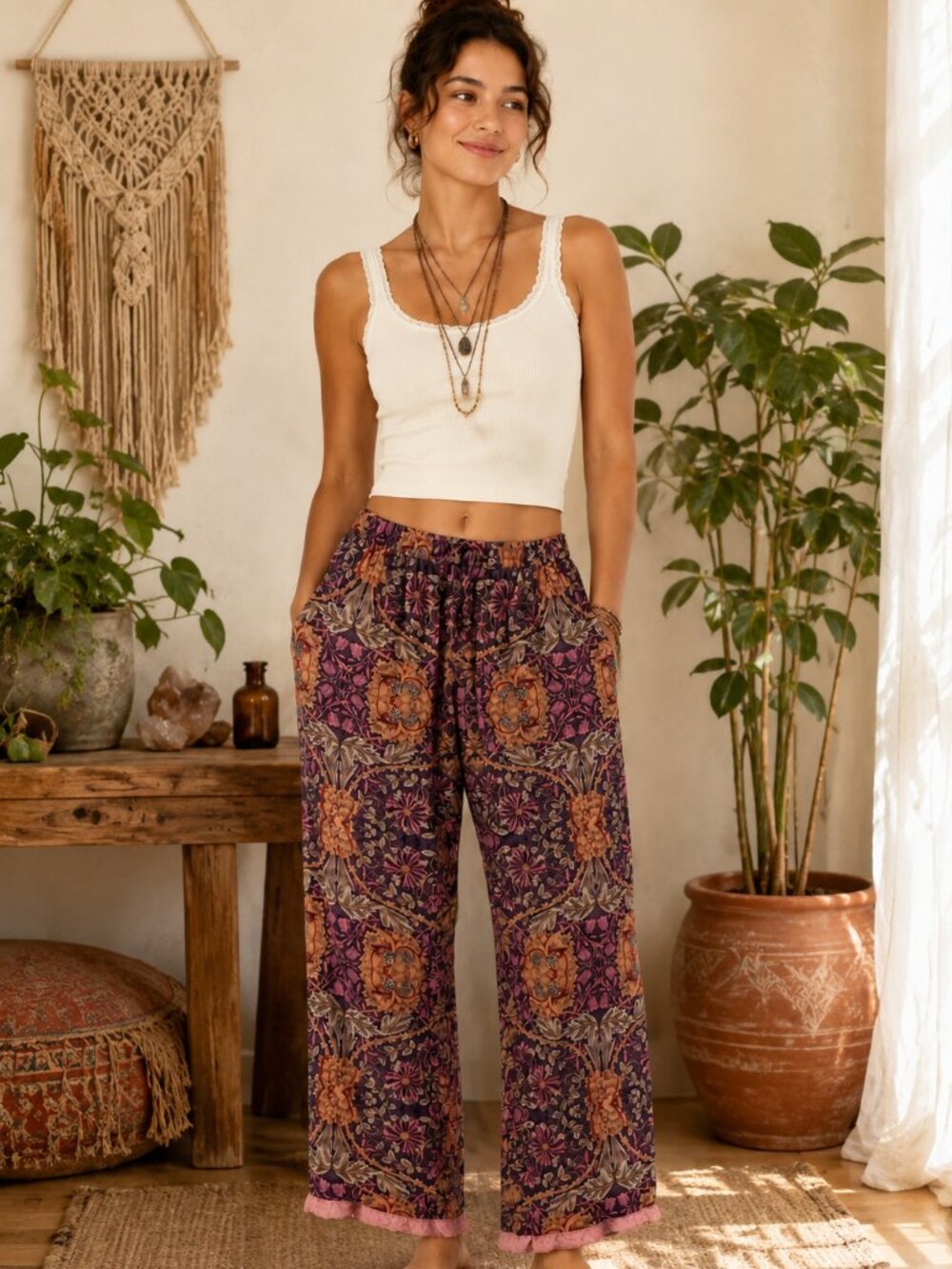 Boho Floral Wide Leg Lounge Pants Purple Pink Print Size Medium